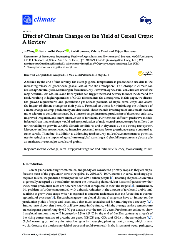 (PDF) Effect of Climate Change on the Yield of Cereal Crops: A Review