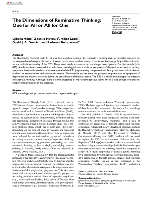(PDF) The Dimensions of Ruminative Thinking: One for All or All for One