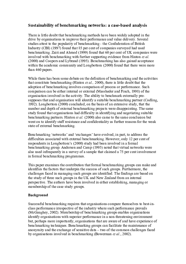 (DOC) Sustainability of benchmarking networks: A case-based analysis