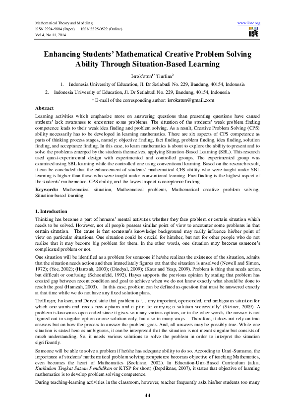 (PDF) Enhancing Students’ Mathematical Creative Problem Solving Ability ...
