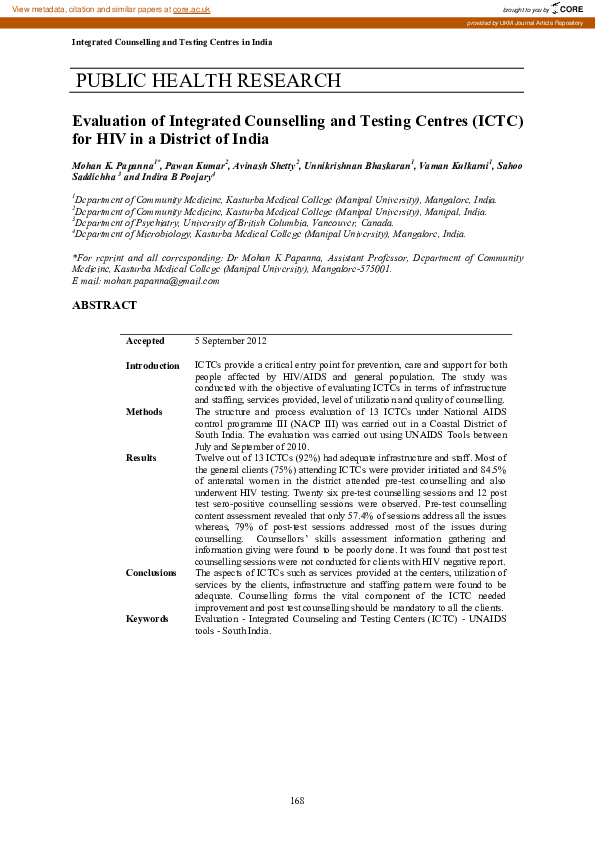 (PDF) Evaluation of Integrated Counselling and Testing Centres (ICTC