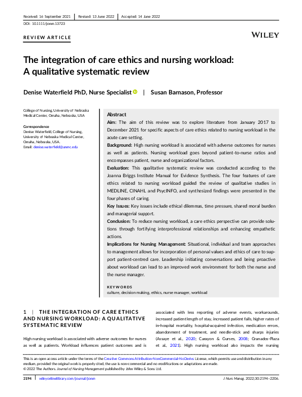 (PDF) The integration of care ethics and nursing workload: A ...