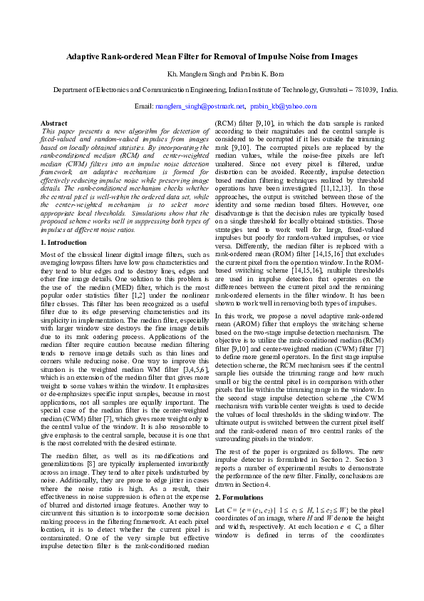 (PDF) Rank-ordered mean filter for removal of impulse noise from images
