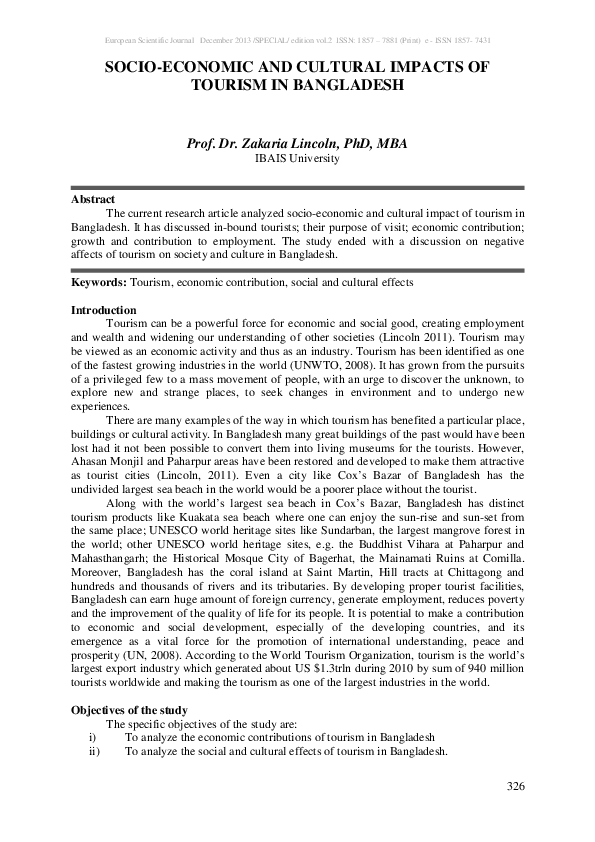 (PDF) Socio-Economic and Cultural Impacts of Tourism in Bangladesh