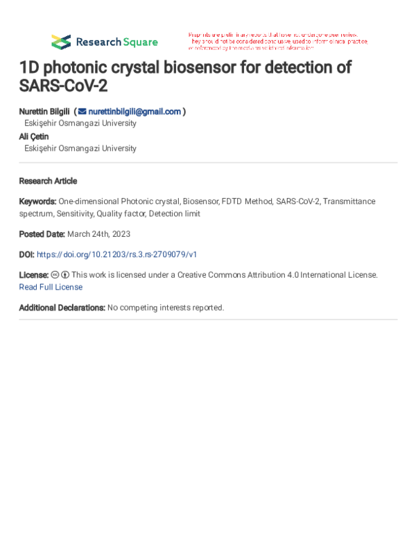 (PDF) 1D photonic crystal biosensor for detection of SARS-CoV-2
