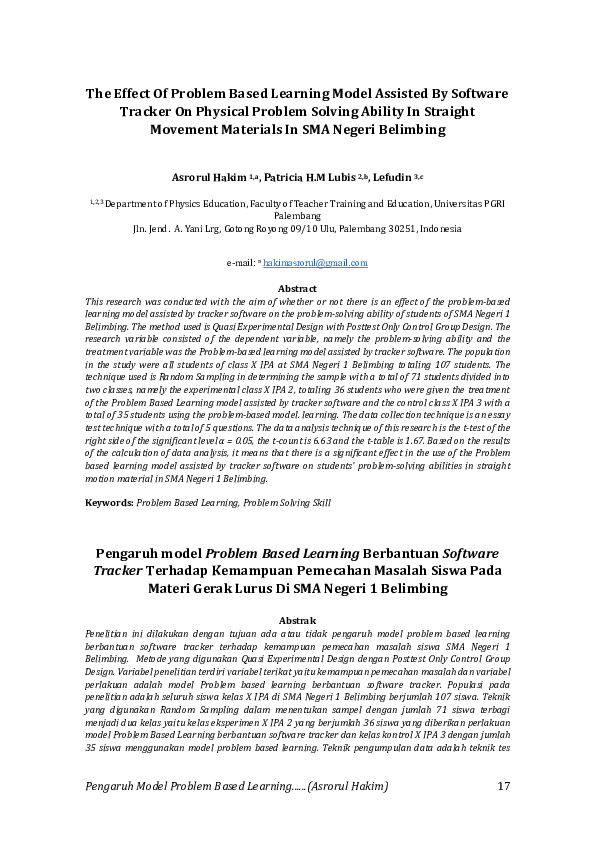 (PDF) Pengaruh model Problem Based Learning Berbantuan Software Tracker ...