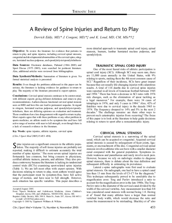 (PDF) A Review of Spine Injuries and Return to Play