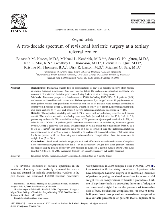 (PDF) A two-decade spectrum of revisional bariatric surgery at a ...