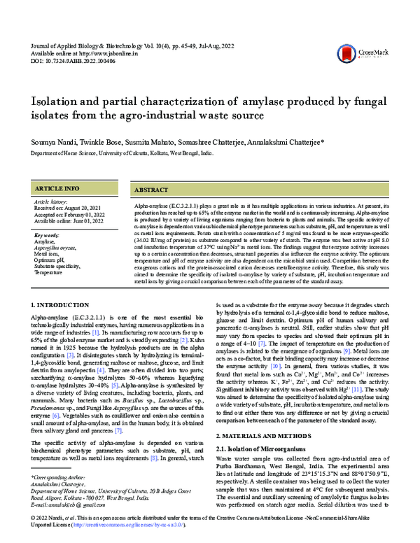 (PDF) Isolation and partial characterization of amylase produced by ...
