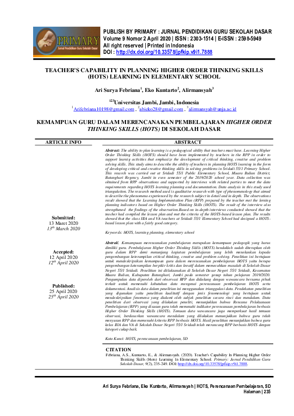 (PDF) Kemampuan Guru Dalam Merencanakan Pembelajaran Higher Order ...