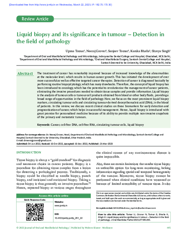 (PDF) Liquid biopsy and its significance in tumour – detection in the ...