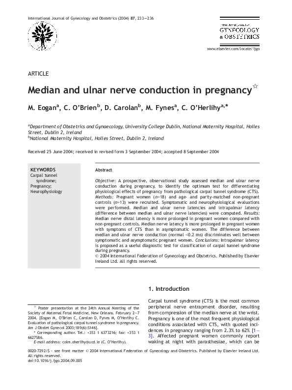 (PDF) Median and ulnar nerve conduction in pregnancy Conor O'Brien