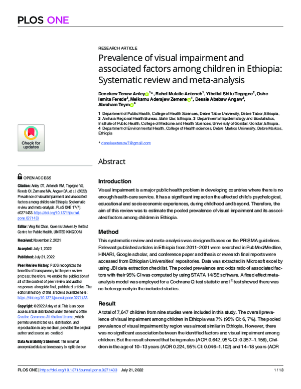 (PDF) Prevalence of visual impairment and associated factors among ...