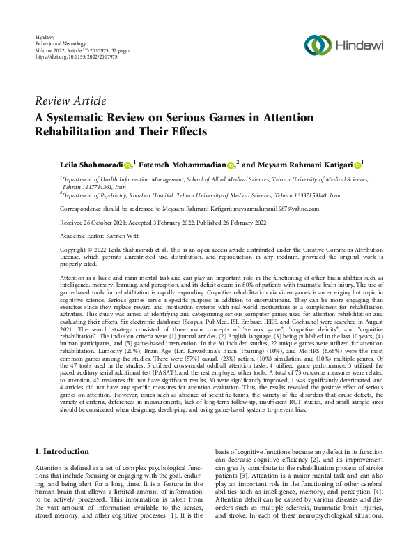(PDF) A Systematic Review on Serious Games in Attention Rehabilitation ...