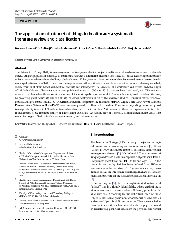 (PDF) The application of internet of things in healthcare: a systematic ...