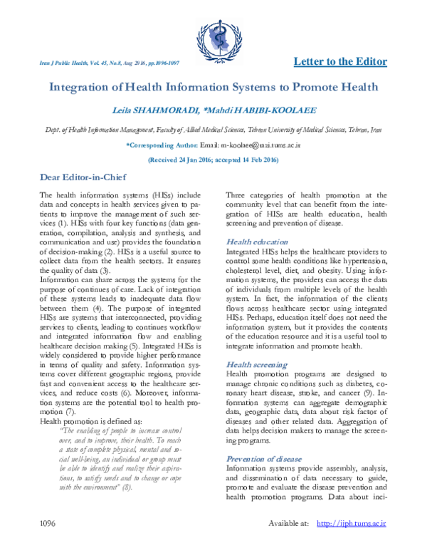 (PDF) Integration of Health Information Systems to Promote Health