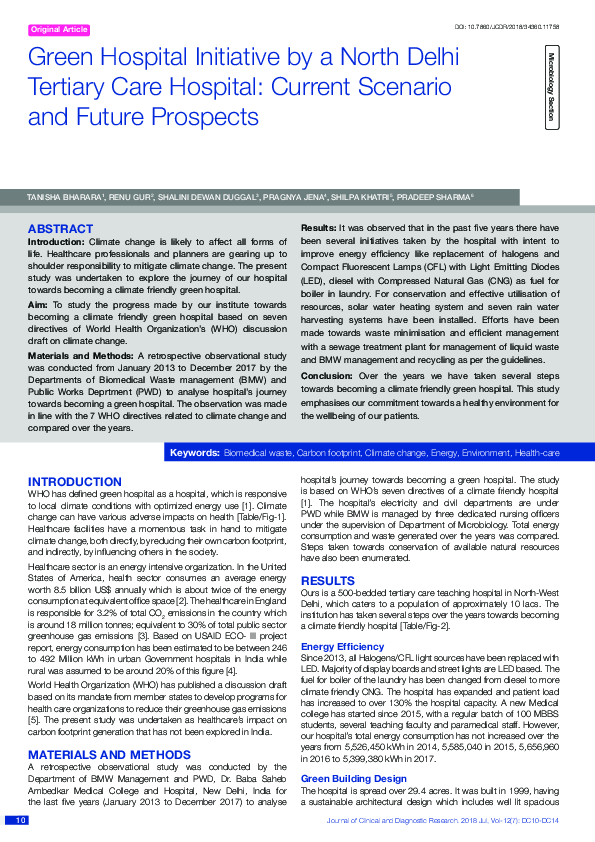 (PDF) Green Hospital Initiative by a North Delhi Tertiary Care Hospital Current Scenario and