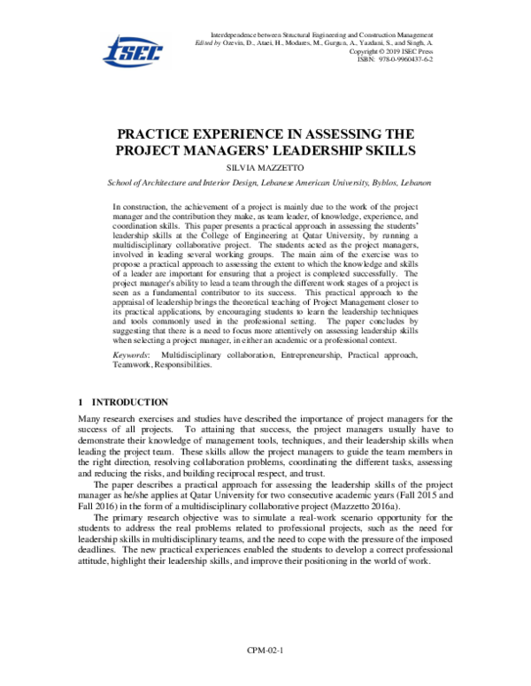 (PDF) Practice Experience in Assessing the Project Managers' Leadership ...