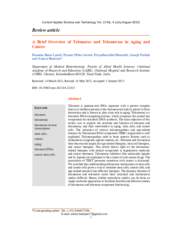 (PDF) A Brief Overview of Telomeres and Telomerase in Aging and Cancer
