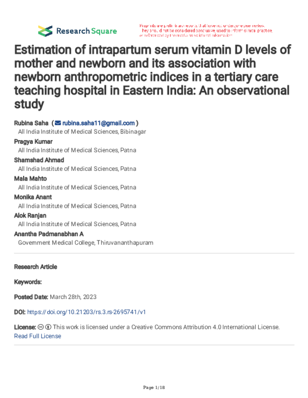 (PDF) Estimation of intrapartum serum vitamin D levels of mother and ...