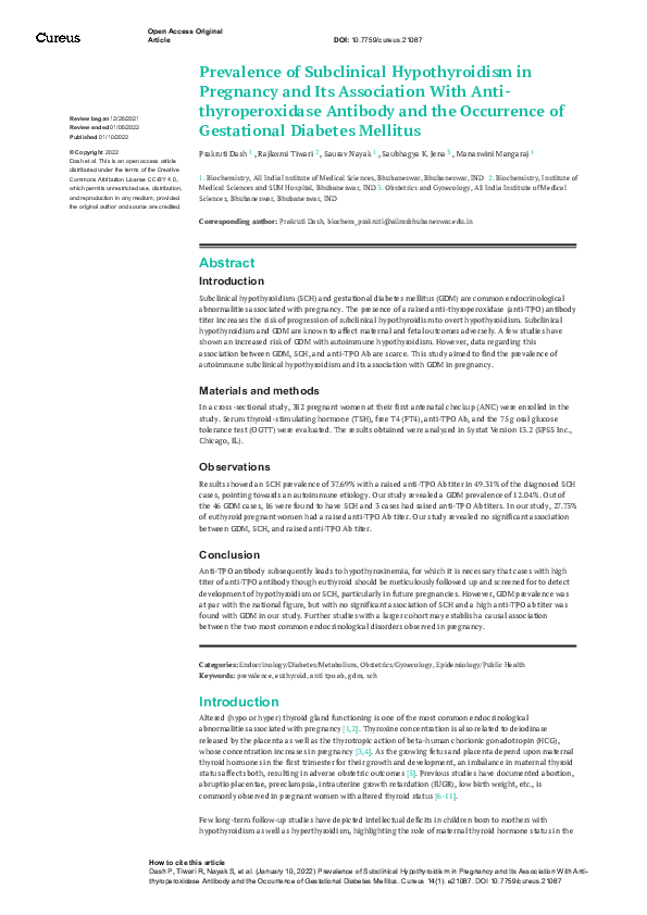(PDF) Prevalence of Subclinical Hypothyroidism in Pregnancy and Its ...