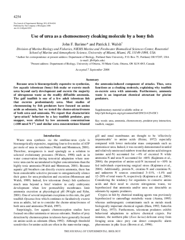 (PDF) Use of urea as a chemosensory cloaking molecule by a bony fish