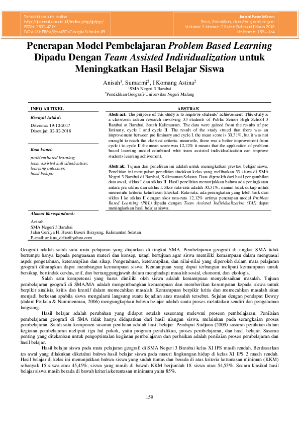 (PDF) Penerapan Model Pembelajaran Problem Based Learning Dipadu Dengan ...