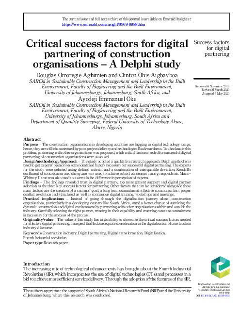 (PDF) Critical success factors for digital partnering of construction ...