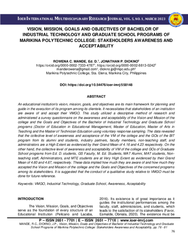 (PDF) Vision, Mission, Goals and Objectives of Bachelor of Industrial ...