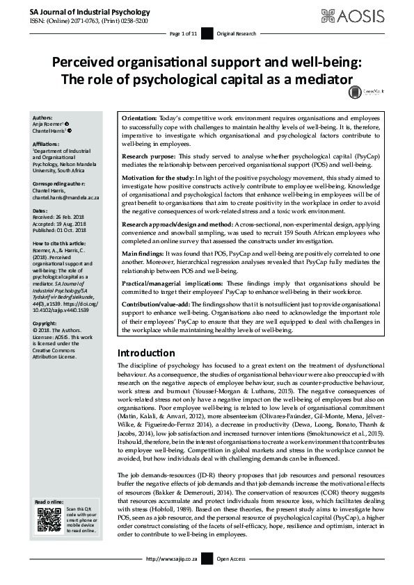 (PDF) Perceived organisational support and well-being: The role of ...
