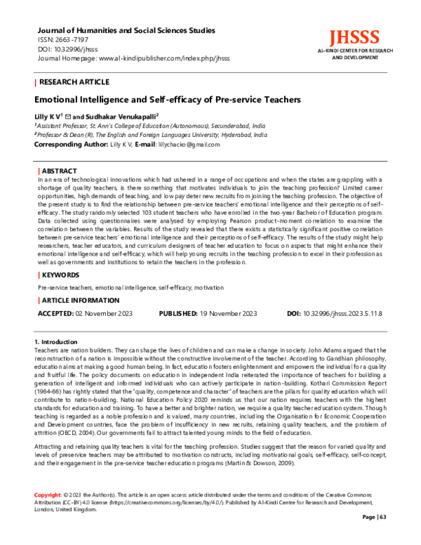 (PDF) Emotional Intelligence and Self-efficacy of Pre-service Teachers