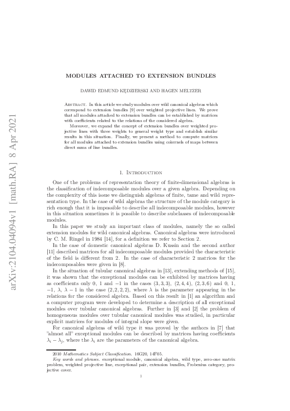 (PDF) Modules attached to extension bundles Dawid Kedzierski