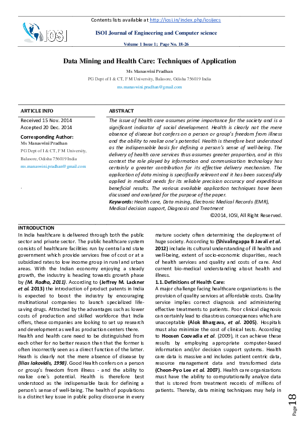 (PDF) Data Mining and Health Care : Techniques of Application