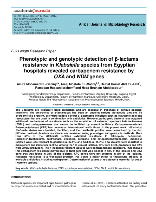 (PDF) Phenotypic and genotypic detection of -lactams resistance in ...