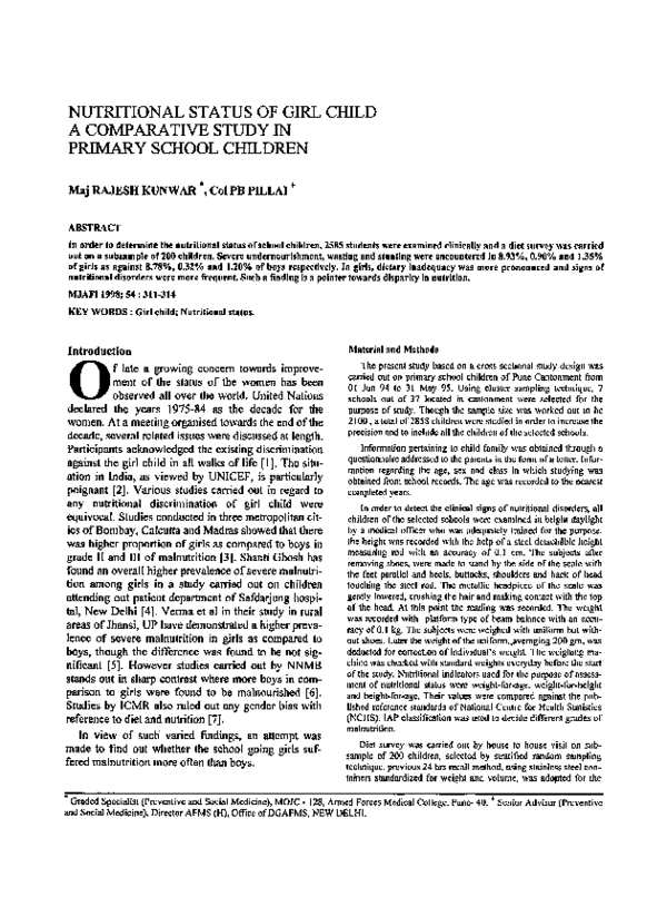 (PDF) Nutritional Status of Girl Child a Comparative Study in Primary ...