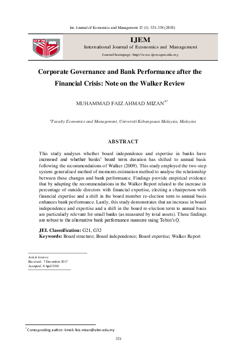 (PDF) Corporate Governance and Bank Performance after the Financial ...