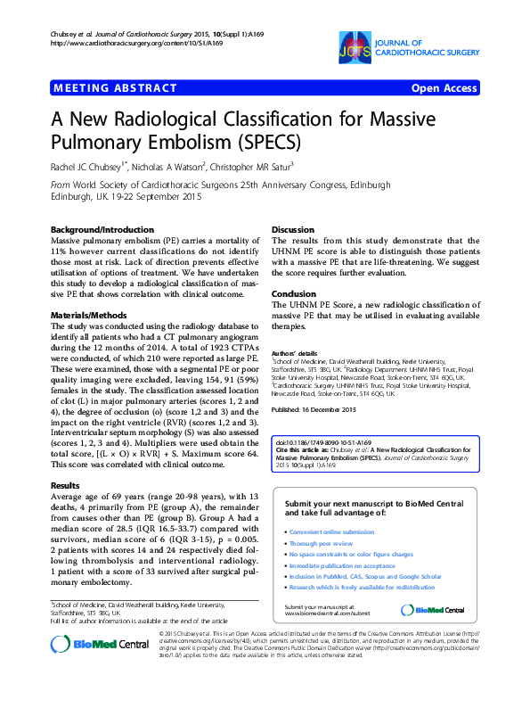 (PDF) A New Radiological Classification for Massive Pulmonary Embolism ...