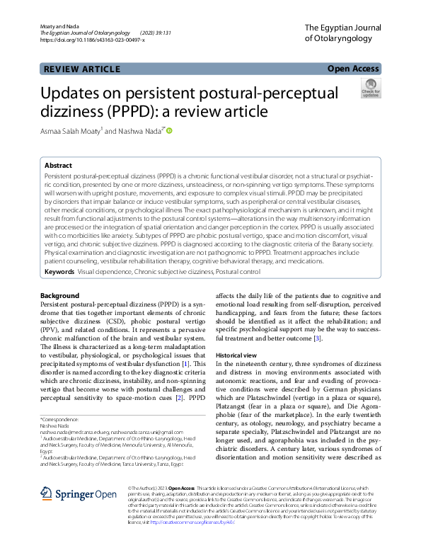 (PDF) Updates on persistent postural-perceptual dizziness (PPPD): a ...