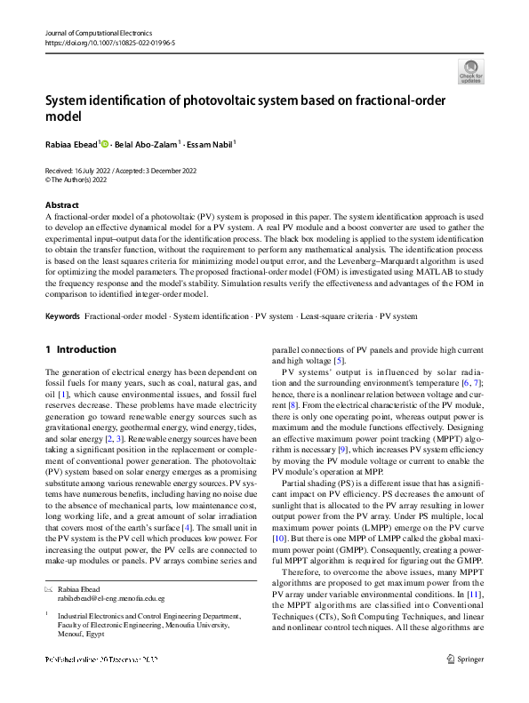 (PDF) System identification of photovoltaic system based on fractional ...