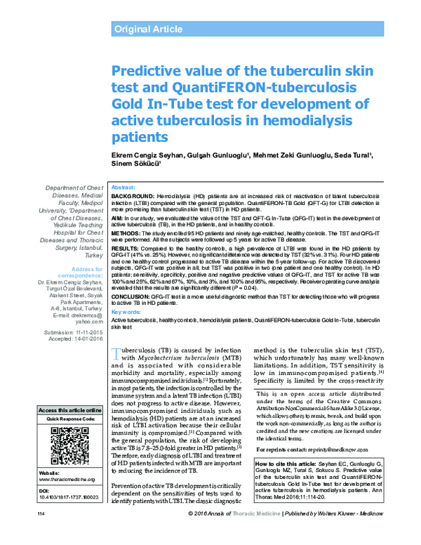 (PDF) Predictive value of the tuberculin skin test and QuantiFERON