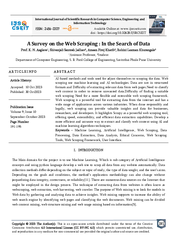 (PDF) A Survey on the Web Scraping : In the Search of Data