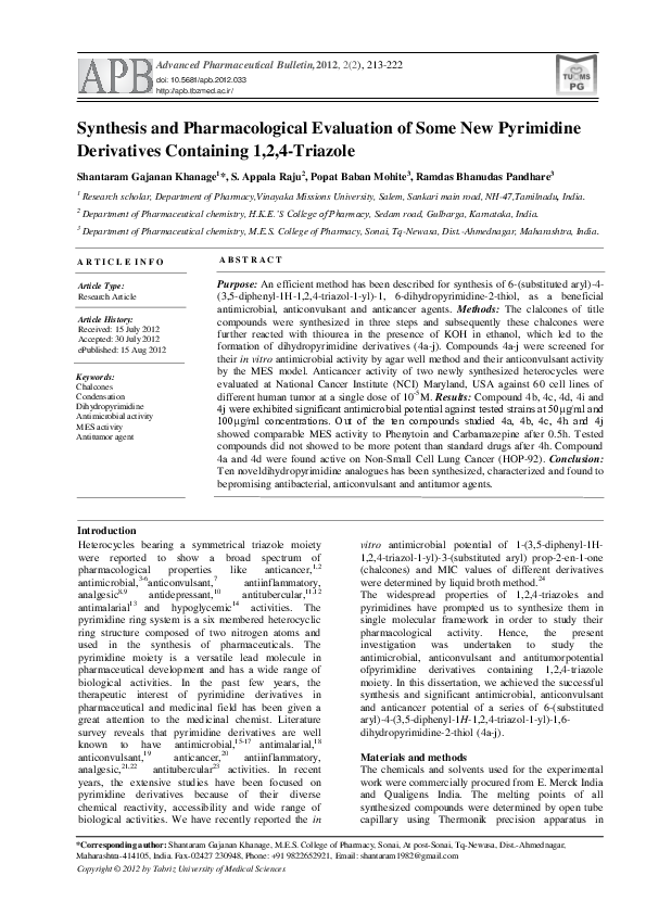 (PDF) Synthesis and pharmacological evaluation of some new pyrimidine ...