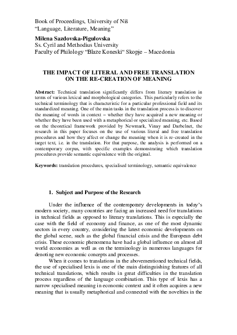 (PDF) The Impact of Literal and Free Translation on the Re-creation of ...