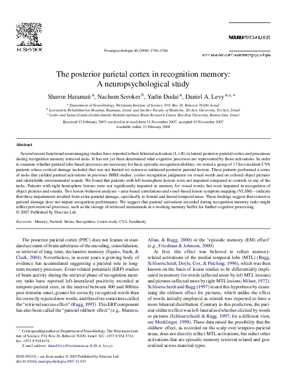 (PDF) The posterior parietal cortex in recognition memory: A ...