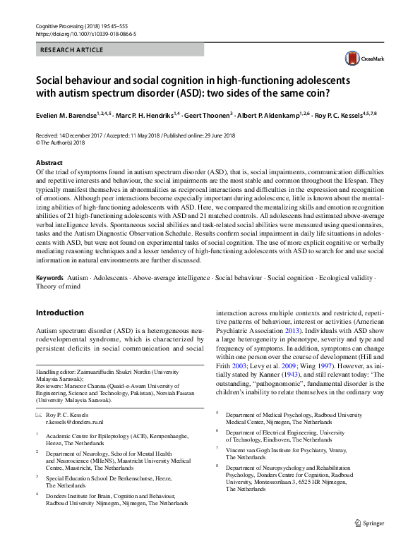 (PDF) Social behaviour and social cognition in high-functioning ...