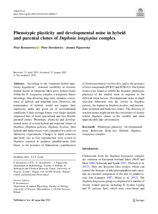 (PDF) Phenotypic plasticity and developmental noise in hybrid and
