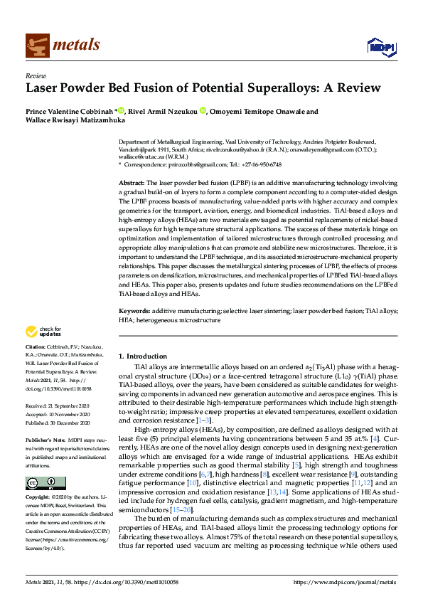 (PDF) Laser Powder Bed Fusion of Potential Superalloys: A Review