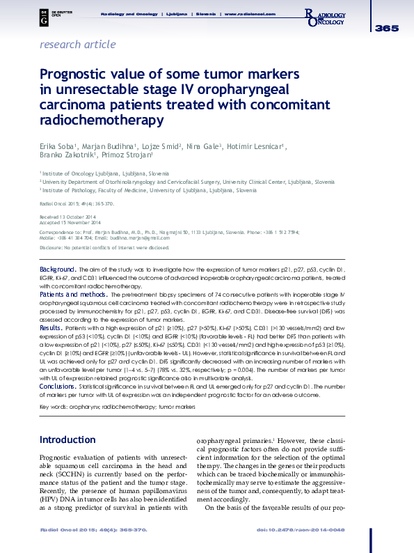 (PDF) Prognostic value of some tumor markers in unresectable stage IV ...