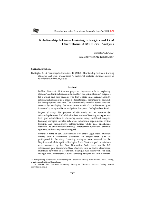 (PDF) Relationship between Learning Strategies and Goal Orientations: A ...