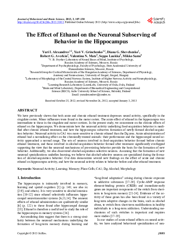 (PDF) The Effect of Ethanol on the Neuronal Subserving of Behavior in ...